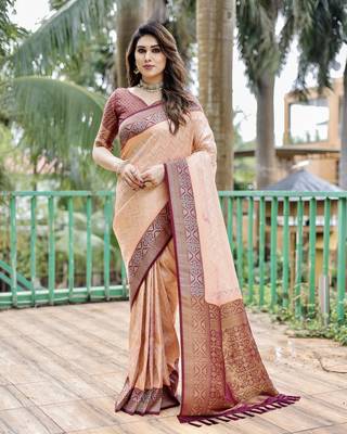 Peach woven design pure Faux kanjivaram pattu silk saree with blouse 1