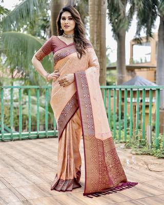 Peach woven design pure Faux kanjivaram pattu silk saree with blouse 2