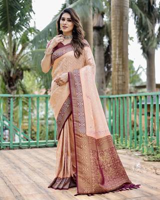 Peach woven design pure Faux kanjivaram pattu silk saree with blouse 3