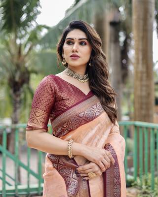Peach woven design pure Faux kanjivaram pattu silk saree with blouse 4