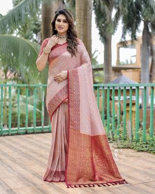 Light pink woven design pure Faux kanjivaram pattu silk saree with blouse 1