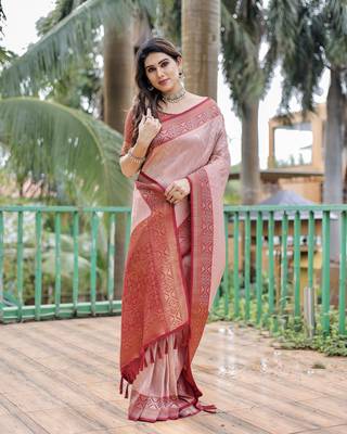 Light pink woven design pure Faux kanjivaram pattu silk saree with blouse 2