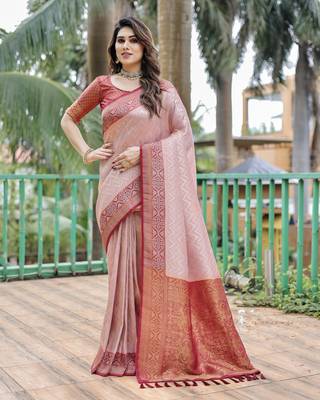 Light pink woven design pure Faux kanjivaram pattu silk saree with blouse 3