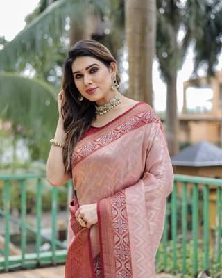 Light pink woven design pure Faux kanjivaram pattu silk saree with blouse 4
