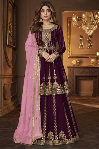 Wine Georgette Sangeet ceremony Lehenga Kameez