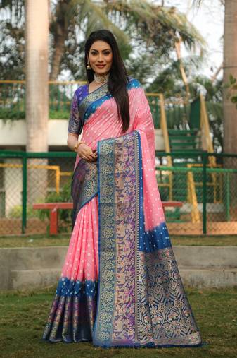 Peach woven design bandhej kanjivaram soft silk saree