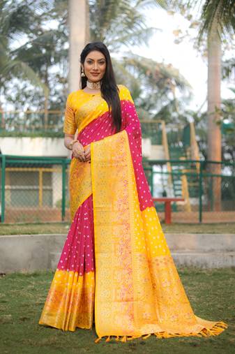 Maroon woven design bandhej kanjivaram soft silk saree