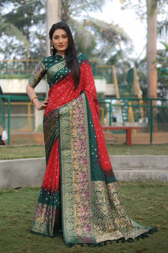 Red woven design bandhej kanjivaram soft silk saree