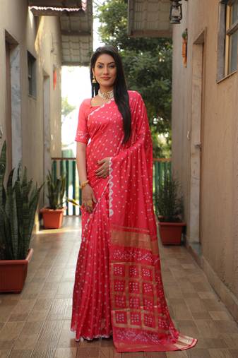 Pink Woven Design Bandhej Soft Silk Blend Saree