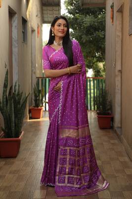 Lavender Woven Design Pure Bandhej Soft Silk Blend Saree 1