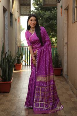 Lavender Woven Design Pure Bandhej Soft Silk Blend Saree 3