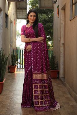 Wine Woven Design Pure Bandhej Soft Silk Blend Saree 1