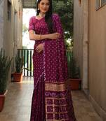 Wine Woven Design Pure Bandhej Soft Silk Blend Saree