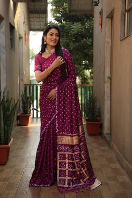 Wine Woven Design Pure Bandhej Soft Silk Blend Saree 2