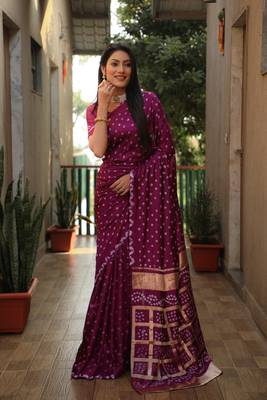 Wine Woven Design Pure Bandhej Soft Silk Blend Saree 3