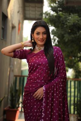 Wine Woven Design Pure Bandhej Soft Silk Blend Saree 4