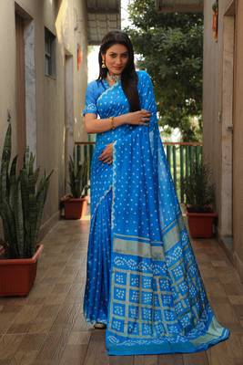 Sky Blue Woven Design Pure Bandhej Soft Silk Blend Saree 1