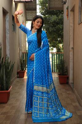 Sky Blue Woven Design Pure Bandhej Soft Silk Blend Saree 2