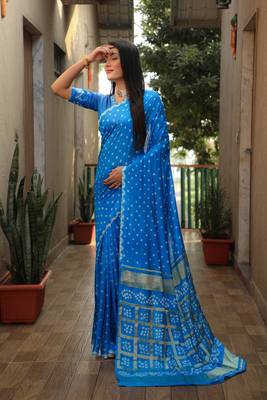 Sky Blue Woven Design Pure Bandhej Soft Silk Blend Saree 3