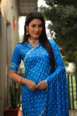 Sky Blue Woven Design Pure Bandhej Soft Silk Blend Saree 4