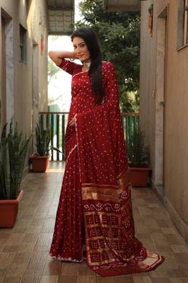 Maroon Woven Design Pure Bandhej Soft Silk Blend Saree 2