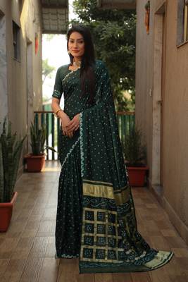 Dark Green Woven Design Pure Bandhej Soft Silk Blend Saree 1