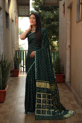 Dark Green Woven Design Pure Bandhej Soft Silk Blend Saree 2