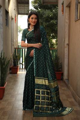 Dark Green Woven Design Pure Bandhej Soft Silk Blend Saree 3
