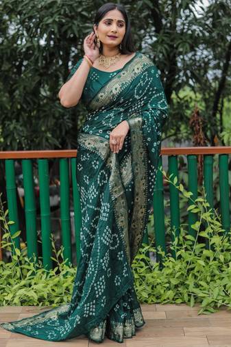 Dark Green Woven Design Bandhej Soft Silk Blend Saree