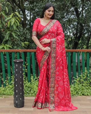 Red Woven Design Bandhej Soft Silk Blend Saree 1