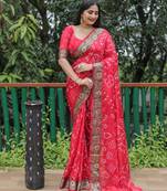 Red Woven Design Bandhej Soft Silk Blend Saree