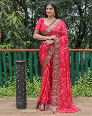 Red Woven Design Bandhej Soft Silk Blend Saree 2