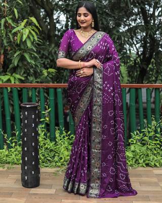 Purple Woven Design Pure Bandhej Soft Silk Blend Saree 1