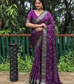 Purple Woven Design Pure Bandhej Soft Silk Blend Saree
