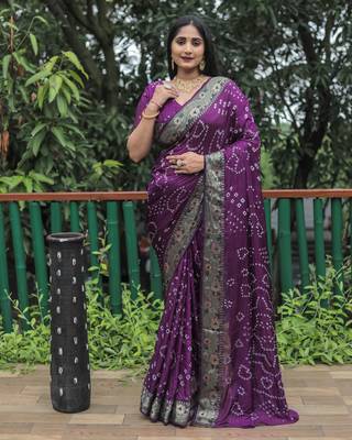 Purple Woven Design Pure Bandhej Soft Silk Blend Saree 2
