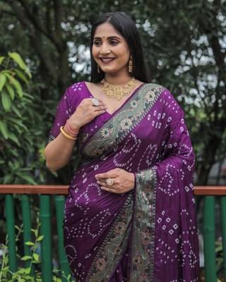 Purple Woven Design Pure Bandhej Soft Silk Blend Saree 3
