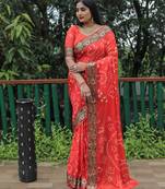 Orange Woven Design Bandhej Soft Silk Blend Saree