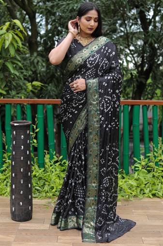 Black Woven Design Bandhej Soft Silk Blend Saree