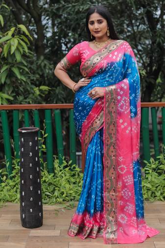 Blue Woven Design Bandhej Soft Silk Blend Saree