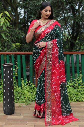 Dark Green Woven Design Bandhej Soft Silk Blend Saree