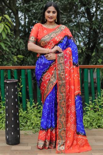 Royal Blue Woven Design Bandhej Soft Silk Blend Saree
