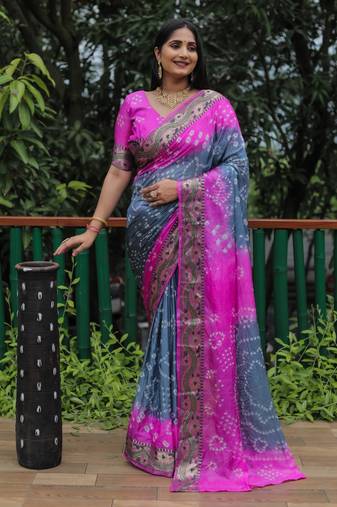 Grey Woven Design Bandhej Soft Silk Blend Saree