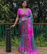 Grey Woven Design Bandhej Soft Silk Blend Saree