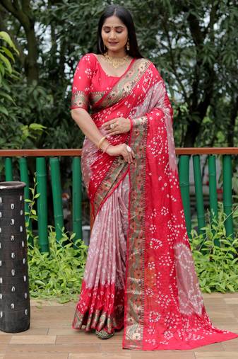Light Brown Woven Design Bandhej Soft Silk Blend Saree