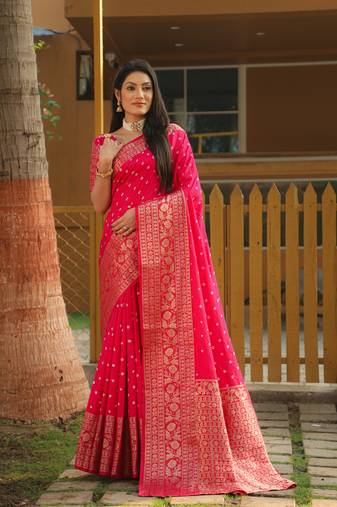 Pink woven bandhej Faux kanjivaram soft silk blend saree