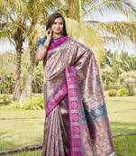 Violet Woven Design Gharchola Bhandhej Silk Blend Saree With Blouse