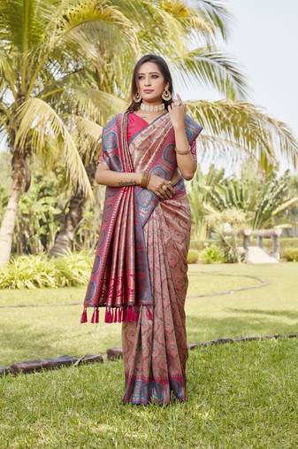 Beige Woven Design Gharchola Bhandhej Silk Blend Saree With Blouse