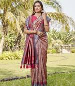 Beige Woven Design Gharchola Bhandhej Silk Blend Saree With Blouse