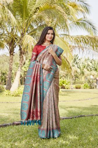 Teal Woven Design Gharchola Bhandhej Silk Blend Saree With Blouse
