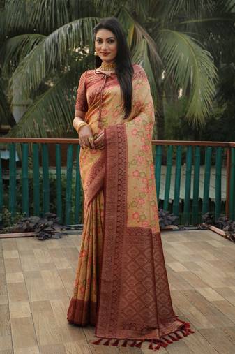 Yellow woven design kanjivaram soft silk saree with blouse